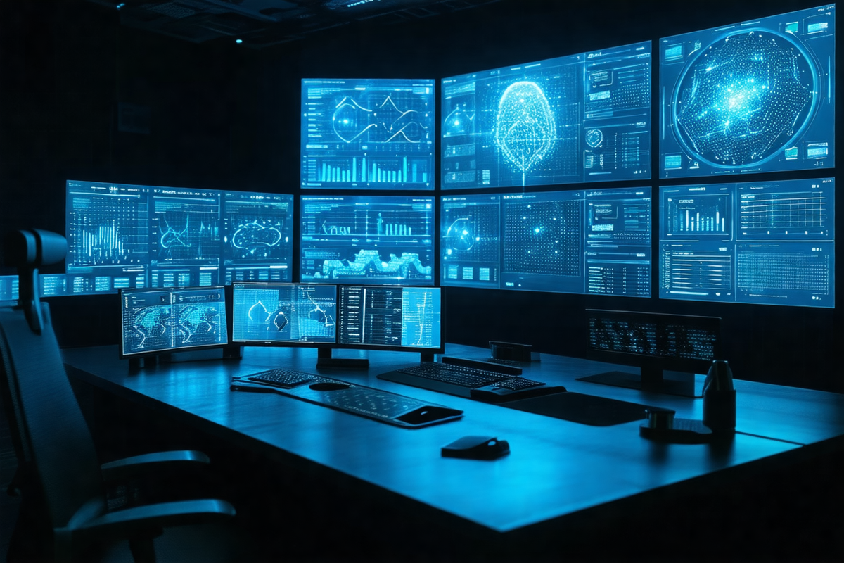 Centro de control con dashboards de inteligencia artificial