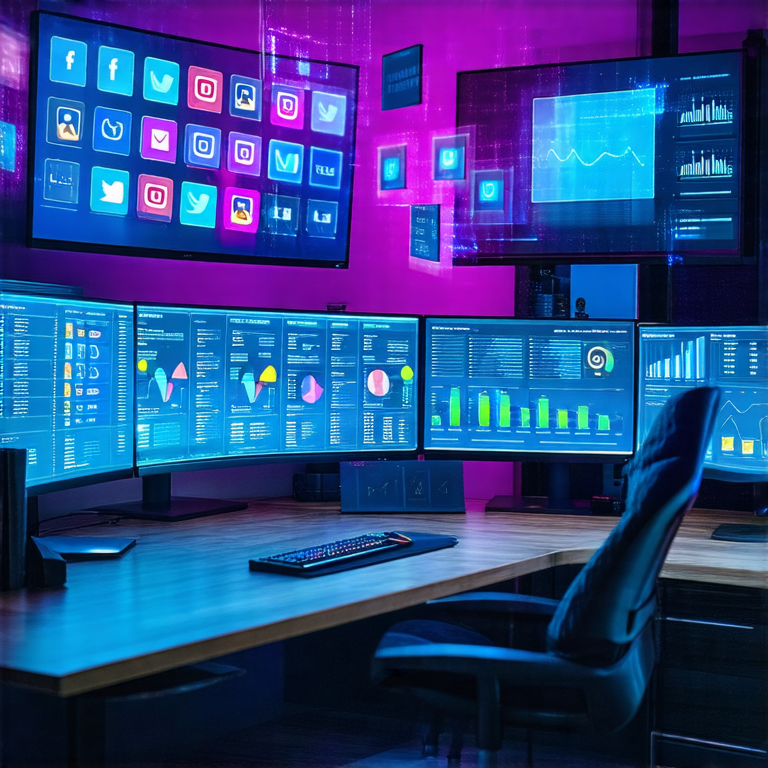 Estación de trabajo con dashboards de campañas digitales y redes sociales