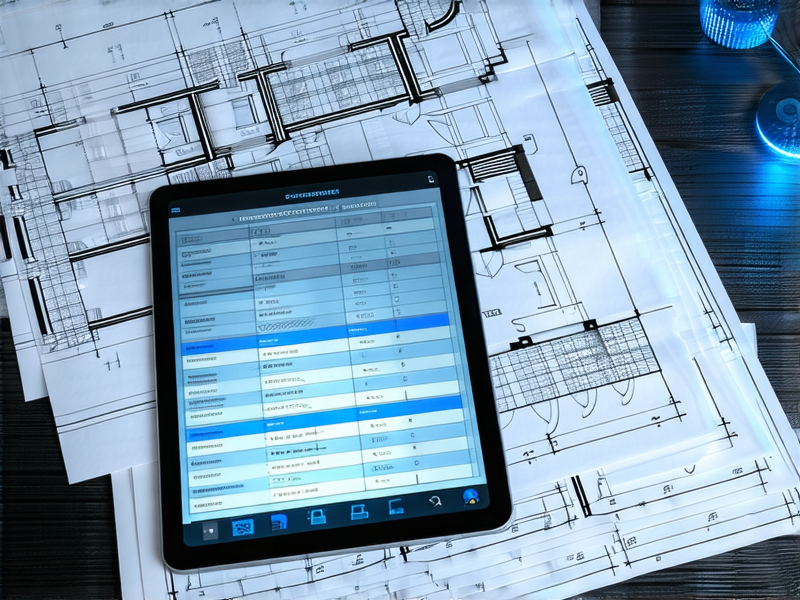 Planos técnicos junto a tablet mostrando reportes automatizados
